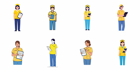 Fototapeta premium Flat vector illustration set of diverse female nurses in yellow uniforms holding clipboards for medical documentation and patient care.