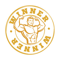 Winner's stamp with vintage design featuring a muscular man celebrating victory.