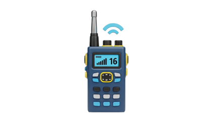 Blue walkie-talkie with antenna and signal waves