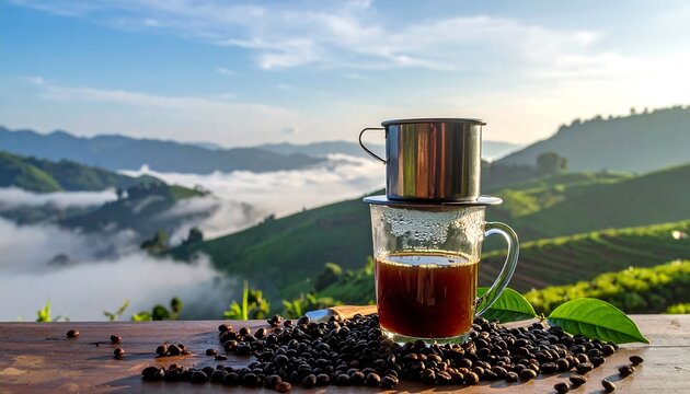 Vietnamese Coffee with Mountain View - Aromatic Brew in Scenic Landscape.