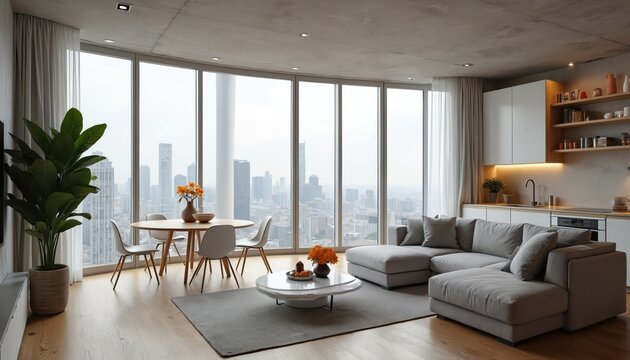 Modern apartment living room features open plan with kitchen island. Large windows showcase city skyline view. Comfortable sofa, dining table, and houseplant add homey feel. Clean lines define space. - Powered by Adobe