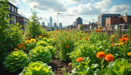 Urban rooftop garden overflows with green vegetables and bright orange flowers. Buildings and city skyline form backdrop under cloudy sky. Sustainable farming grows fresh produce.