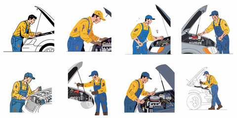 Set of illustrations depicting male mechanics in dirty overalls inspecting, fixing, and maintaining car engines in various poses, representing auto repair service.