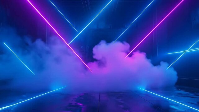 Abstract neon light installation with smoke creating a futuristic atmosphere.