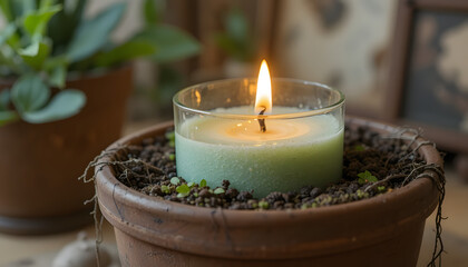 Lit Green Candle in Glass on Soil with Sprouts &ndash; Terracotta Pot in Cozy Indoor Setting