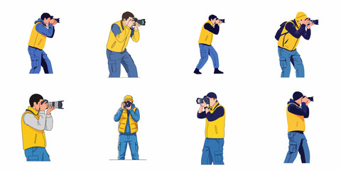 Eight vector illustrations of male photographers wearing vests and holding cameras, capturing images in various action poses, isolated on white background.