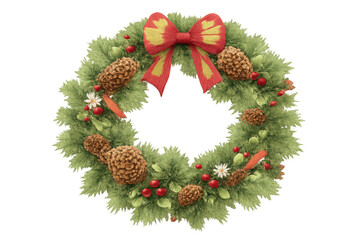 Christmas wreath decorating door or wall, featuring pine cones, red bow, berries for festive holiday season on transparent background