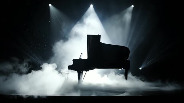 An atmospheric grand piano silhouette stands on a dark stage, dramatically lit by low key spotlights and rising smoke.