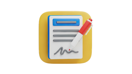3D Icon of a Document Being Signed with a Red Pen