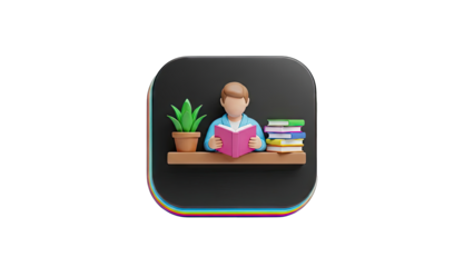 3D Icon: Person Reading Book with Plant and Bookshelf