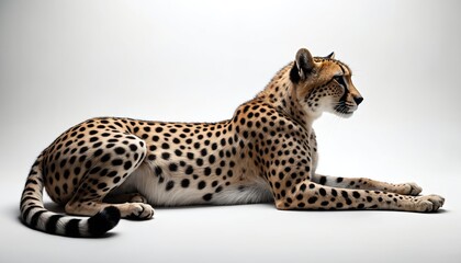 Fototapeta premium Spotted cheetah rests calmly in studio profile view. Elegant predator with sleek fur displays distinctive spots. Majestic wild animal poses gracefully, capturing of speed and natural beauty.