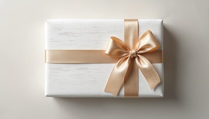 White rectangular gift box tied with beige satin ribbon forming bow. Paper has subtle wood grain texture and is presented on plain neutral background. Suitable for various celebration themes.