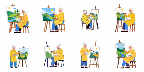 Fototapeta premium Set of illustrations showing elderly women painting landscapes, practicing fine art as a creative retirement hobby.