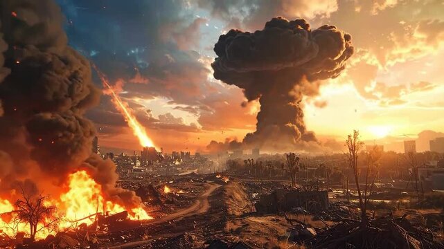 Fiery sky over a destroyed city with smoke and destruction.