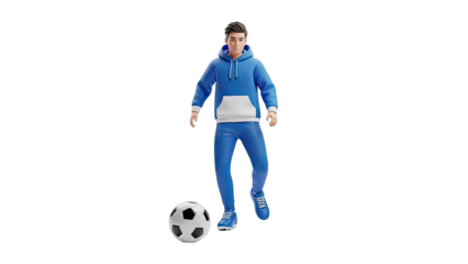3D Male Character in Blue Sportswear with Soccer Ball