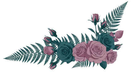 Minimal botanical corner element with roses and fern in deep teal and mauve isolated on white background