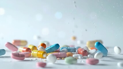 Colorful pills and capsules falling in a dynamic composition, with a light and airy background. - Powered by Adobe