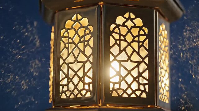 Traditional Islamic Gold Lantern Glowing in the Night