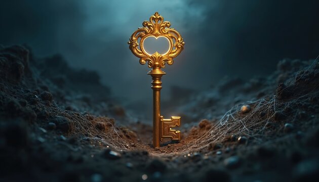 Ornate golden key emerges from dark earth. Intricate design sparkles as discovery signifies new beginning, uncovering secrets or unlocking potential. Success and opportunity awaits.