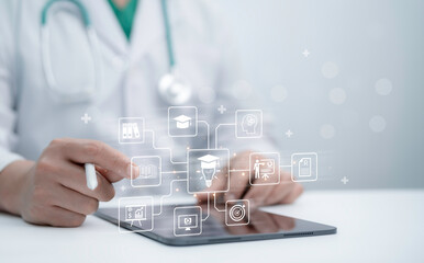 Doctor using digital tablet with education and knowledge interface concept showing e learning medical training professional development healthcare technology and modern digital education system