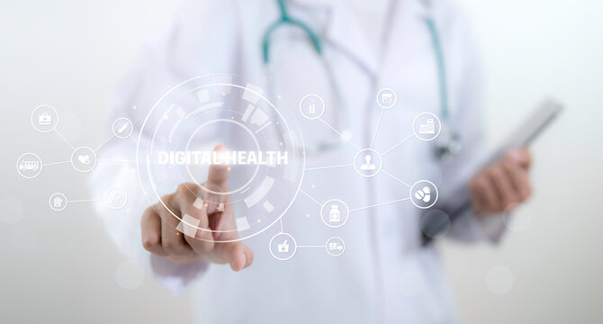 Doctor interacting with digital health interface showing connected healthcare services patient data integration telemedicine workflow smart medical technology and modern clinical management system - Powered by Adobe