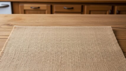 Burlap fabric on a wooden kitchen table surface