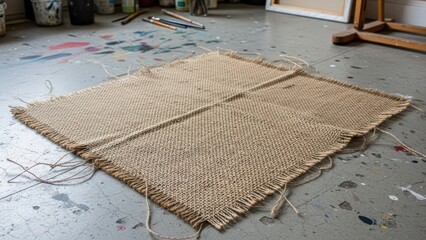 Large piece of burlap fabric on a studio floor