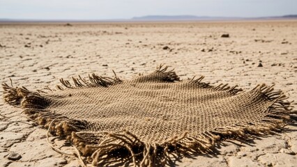 Small piece of burlap fabric on dry cracked earth