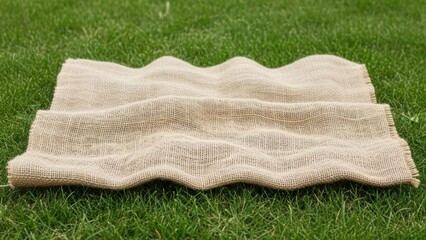 Wavy burlap fabric on green grass outdoors in nature