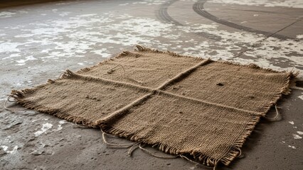 Square burlap fabric on concrete floor with lines