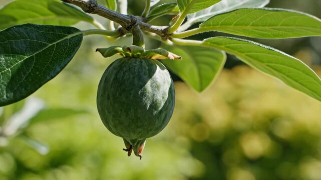 Unripe feijoa fruit hangs on a branch amidst leaves