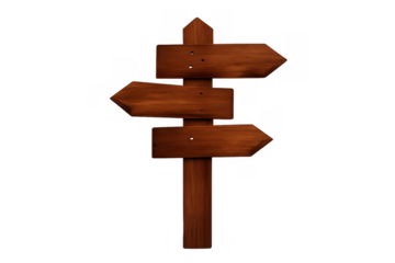 Wooden signpost with blank arrows showing choice, direction, and decision making on a transparent background