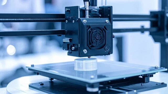 Automated 3D printer producing a small plastic prototype in a laboratory setting.