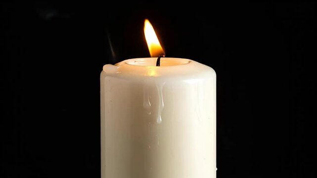 Close-up of a burning white candle with melting wax against a black background.