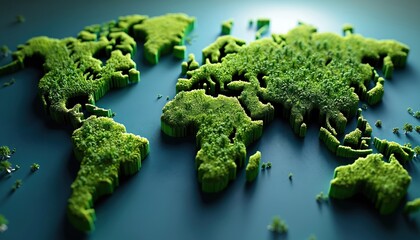 Obraz premium World map crafted from rich green vegetation and trees. Continents appear covered in vibrant foliage on a dark blue background. Nature abundance displayed globally.
