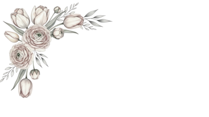 Luxury watercolor corner element with tulips and ranunculus in a neutral palette isolated on white background