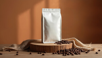 Blank white coffee bag sits on wood slice. Roasted coffee beans surround packaging on rustic table. Warm light creates soft shadows on background wall.
