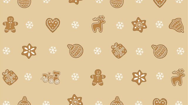 Christmas Cookies Animated on Caramel Background. Christmas Loop Animation. Gingerbread Cookies, Snowflakes. Deer, Train, Gingerbread Man, Gift Box, Heart, Star, Ornaments. Falling Spinning Cookies