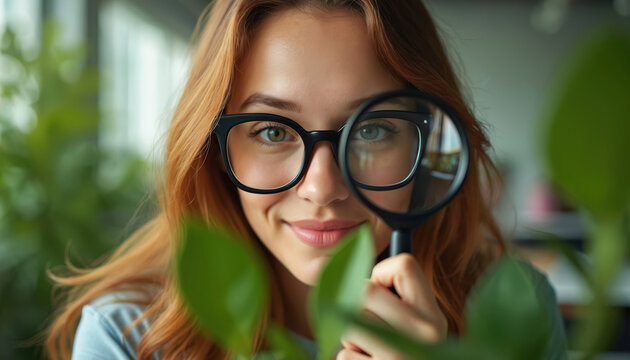 Woman with glasses and red hair peers through magnifying glass looking for clues. She seems curious and engaged in her search in a modern office environment.