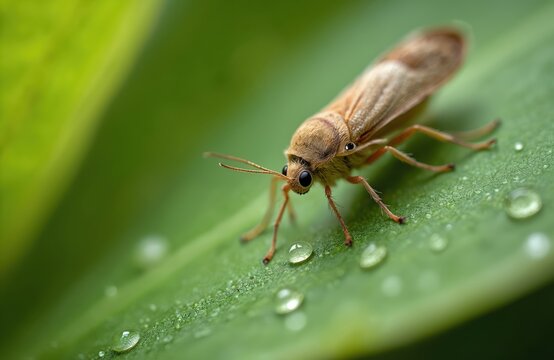 Small brown moth with antennae on green leaf surface covered with water drops. Insect legs are visible. Macro view of tiny creature on wet plant in natural habitat.