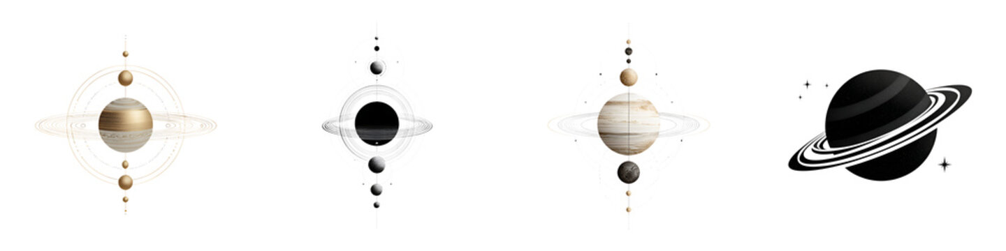 Planets with Rings and Orbits, isolated on white background