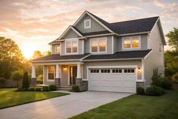 Modern suburban family home exterior with garage at sunset