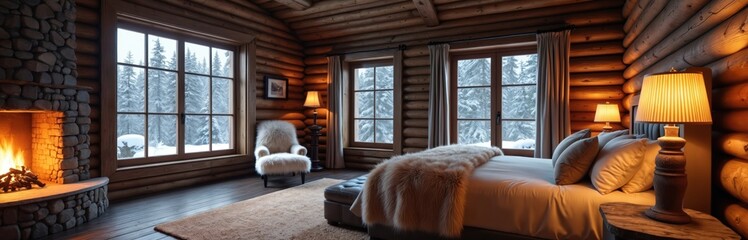 Log cabin bedroom with stone fireplace glowing warmly. Cozy fur armchair and bed with plush throw face frosted forest windows. Warm lamps light rustic interior.