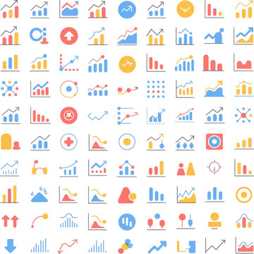 Colorful analytics icon set showing charts graphs statistics trends dashboards business growth data visualization symbols for digital reports interfaces.