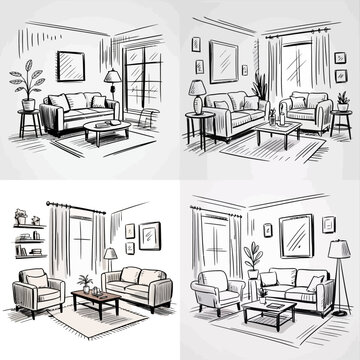 Minimalist living room concept sketches showing modern interiors with sofas, tables, TVs, and clean perspective lines