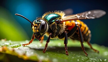 Macro close-up shows a colorful bee on a green leaf. It's body is striped and covered in fuzz. Its compound eyes shine
