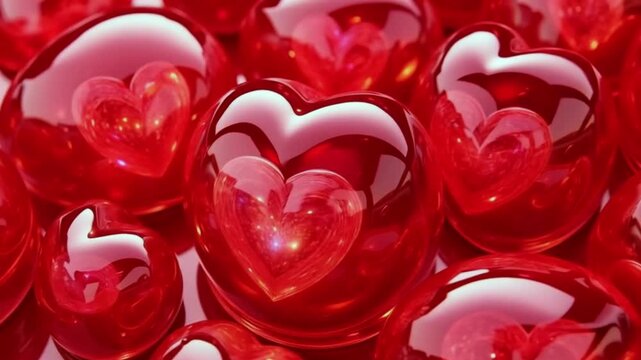 Glossy Red 3D Glass Hearts Background