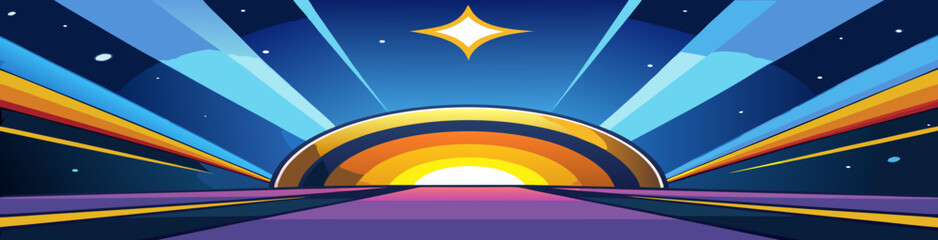 Colorful vector illustration of a bright rainbow wave over a city tunnel of light at night featuring a blue cloudscape and artistic summer landscape design