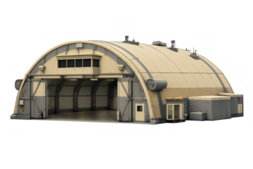 Industrial hangar building with open doors, a storage warehouse architecture on a transparent background