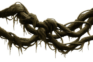 Twisted jungle vines creating a tangled knot, liana hanging roots, nature element on transparent background